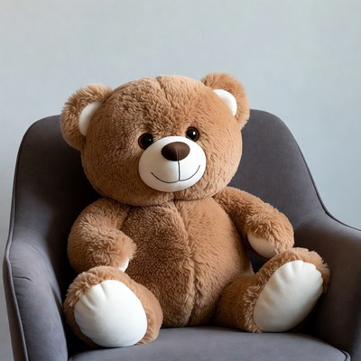 Brown teddy bear sitting in chair