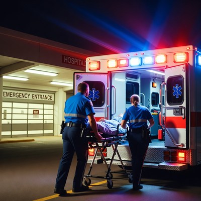 Paramedics Wheeling Patient into Hospital