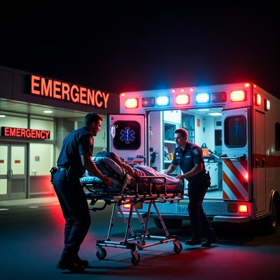 Paramedics wheeling patient to ambulance