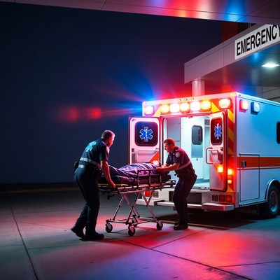 Paramedics Wheeling Patient into Ambulance