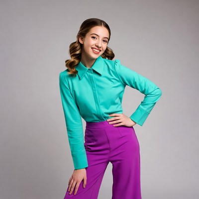 Smiling woman in teal shirt purple pants