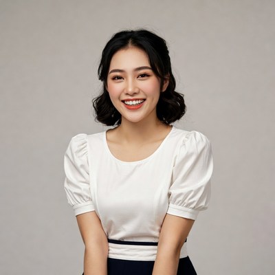 Asian woman smiling in white blouse