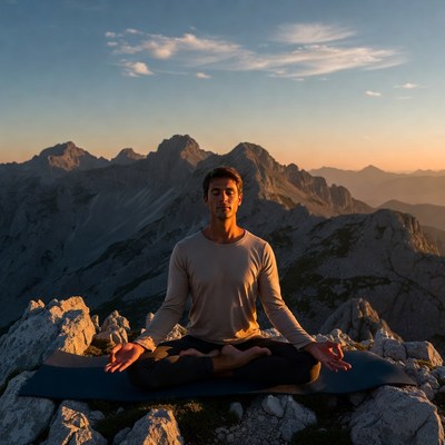 Man meditating on mountain peak
