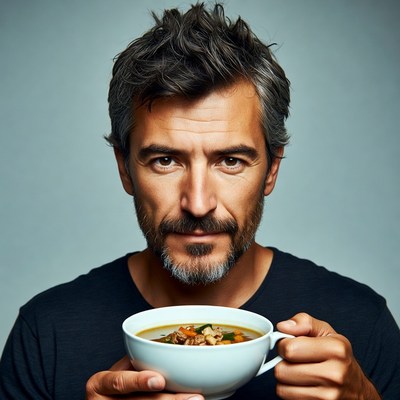 Man holding bowl of soup