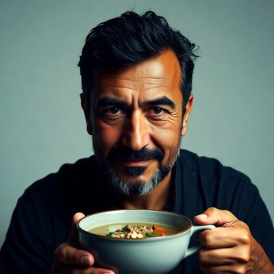Man holding bowl of soup