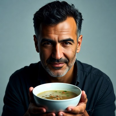 Man holding bowl of soup