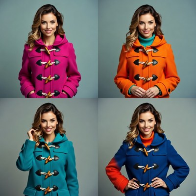 Woman in colorful toggle hood coats