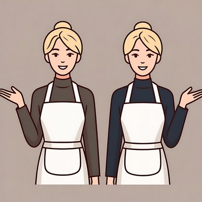 Two women in aprons gesturing