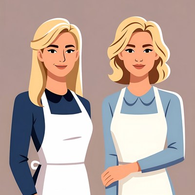 Two blonde women wearing aprons