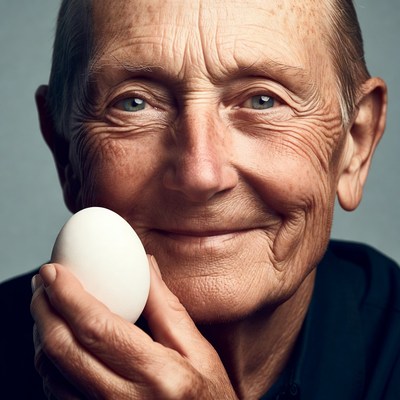 Elderly man holding white egg