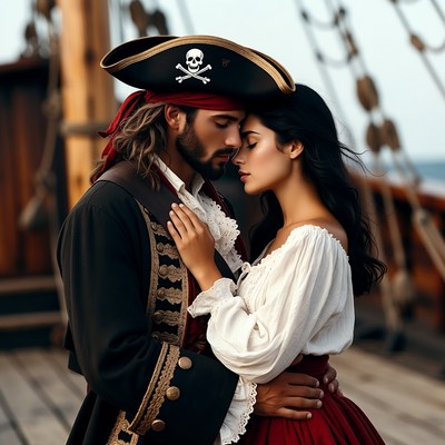 Pirate man embracing woman on ship