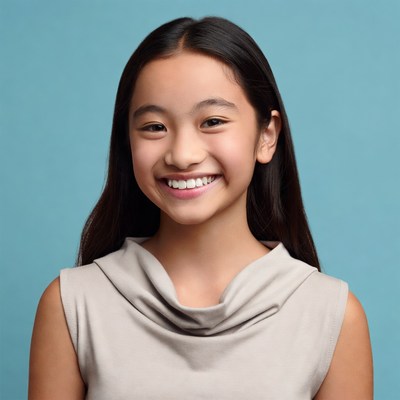 Smiling Asian girl on blue background