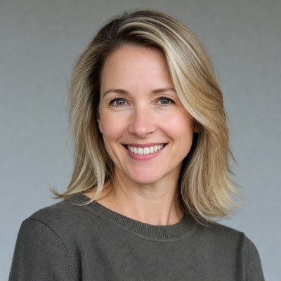 Smiling blonde woman in gray sweater