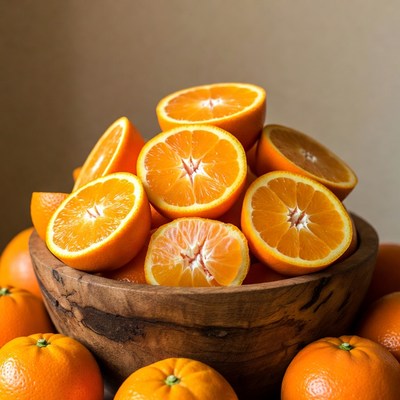 Fresh Oranges in Wooden Bowl