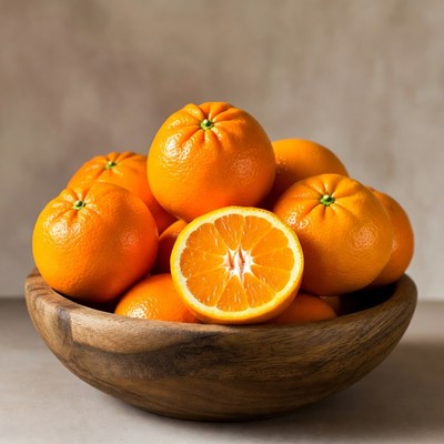 Fresh Oranges in Wooden Bowl