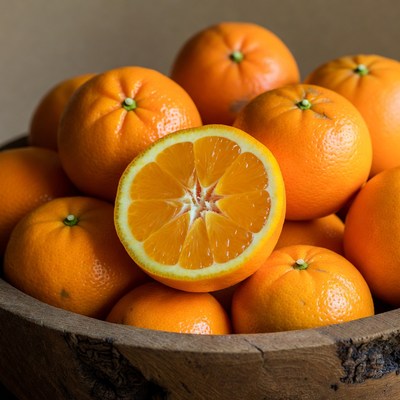 Fresh Oranges in Wooden Bowl