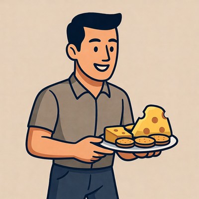 Man holding cheese and cookies plate