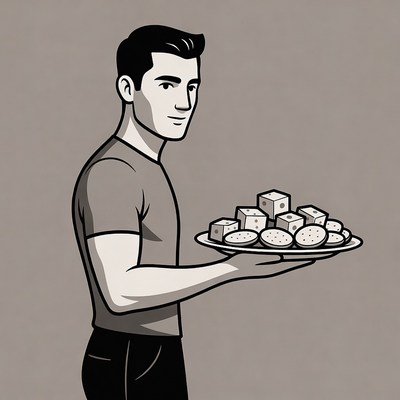 Man holding tray of tofu cubes