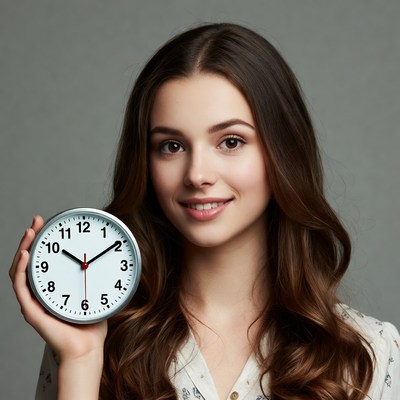Young woman holding clock