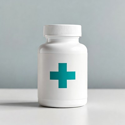 White medicine bottle with teal cross