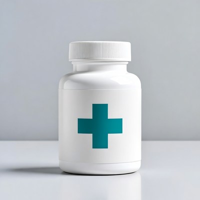 White medicine bottle with teal cross