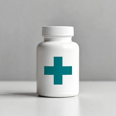White medicine bottle with teal cross