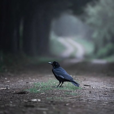 Black Crow on Forest Path