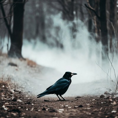 Raven standing on forest path
