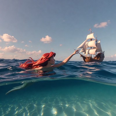 Ariel reaching toward ship underwater