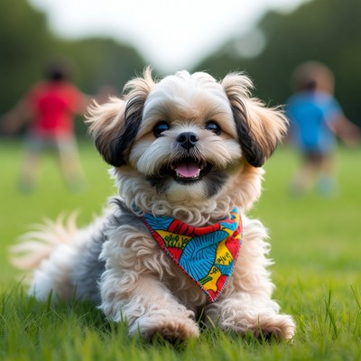 Shih Tzu puppy with colorful bandana on grass
