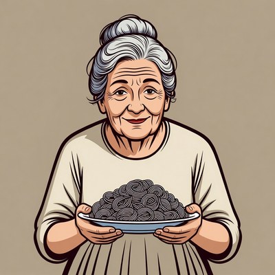 Elderly woman holding spaghetti