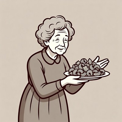 Elderly woman holding pasta plate