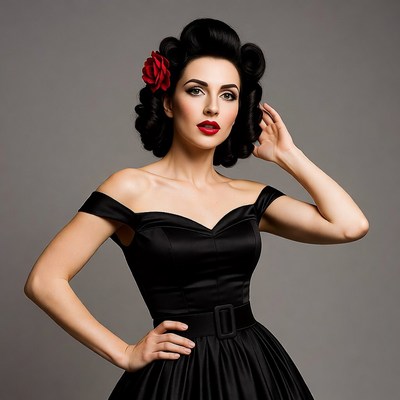 Pinup woman in black vintage dress