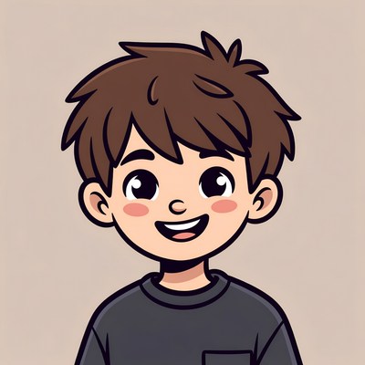 Smiling cartoon boy with brown hair