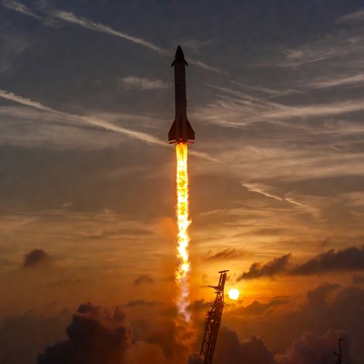 Rocket launching at sunset