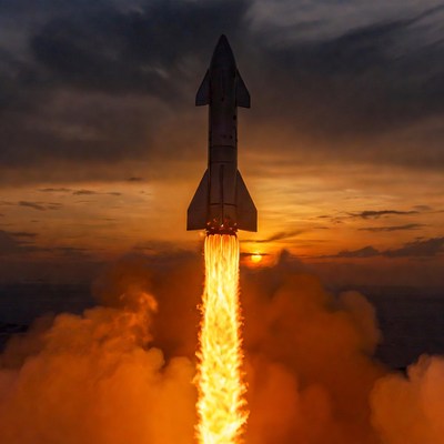 SpaceX Starship Launching at Sunset
