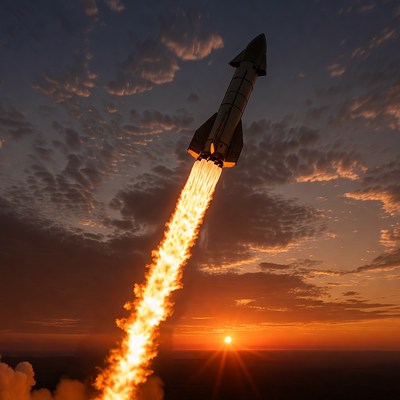 Starship Rocket Launching at Sunset
