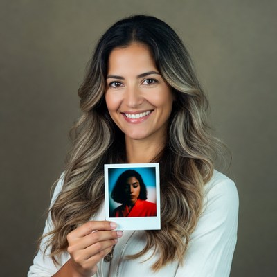 Woman holding Polaroid photo of herself