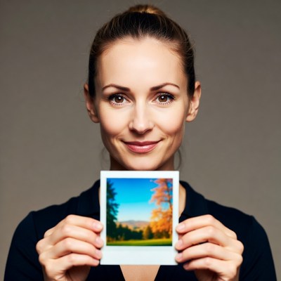 Woman holding autumn landscape Polaroid