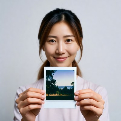 Asian woman holding sunset landscape Polaroid