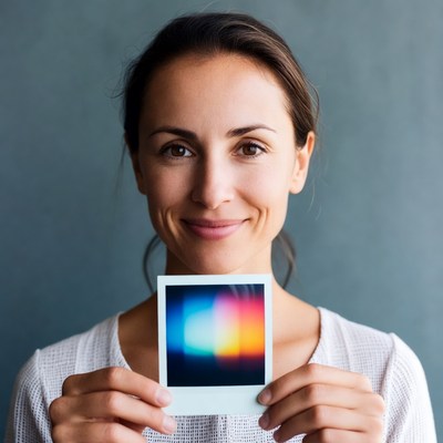 Woman holding colorful Polaroid photo