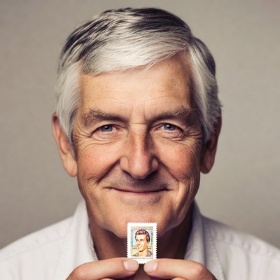 Elderly man holding postage stamp