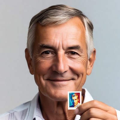 Senior man holding stamp