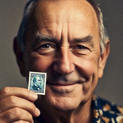 Elderly man holding postage stamp