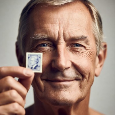 Elderly man holding stamp