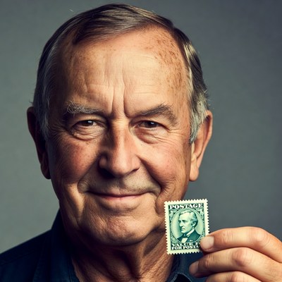 Elderly man holding green postage stamp