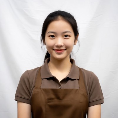 Asian woman in brown uniform apron