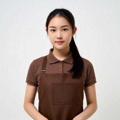 Asian woman in brown apron
