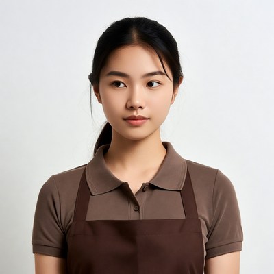 Asian woman in brown apron