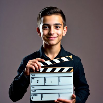 Boy holding movie clapperboard
